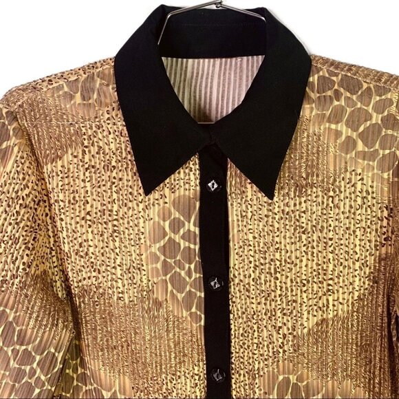 BUTTON DOWN SHIRT ANIMAL PRINT BROWN SHEER CHIFFON TOP LONG SLEEVE  BLOUSE SMALL - Picture 5 of 17